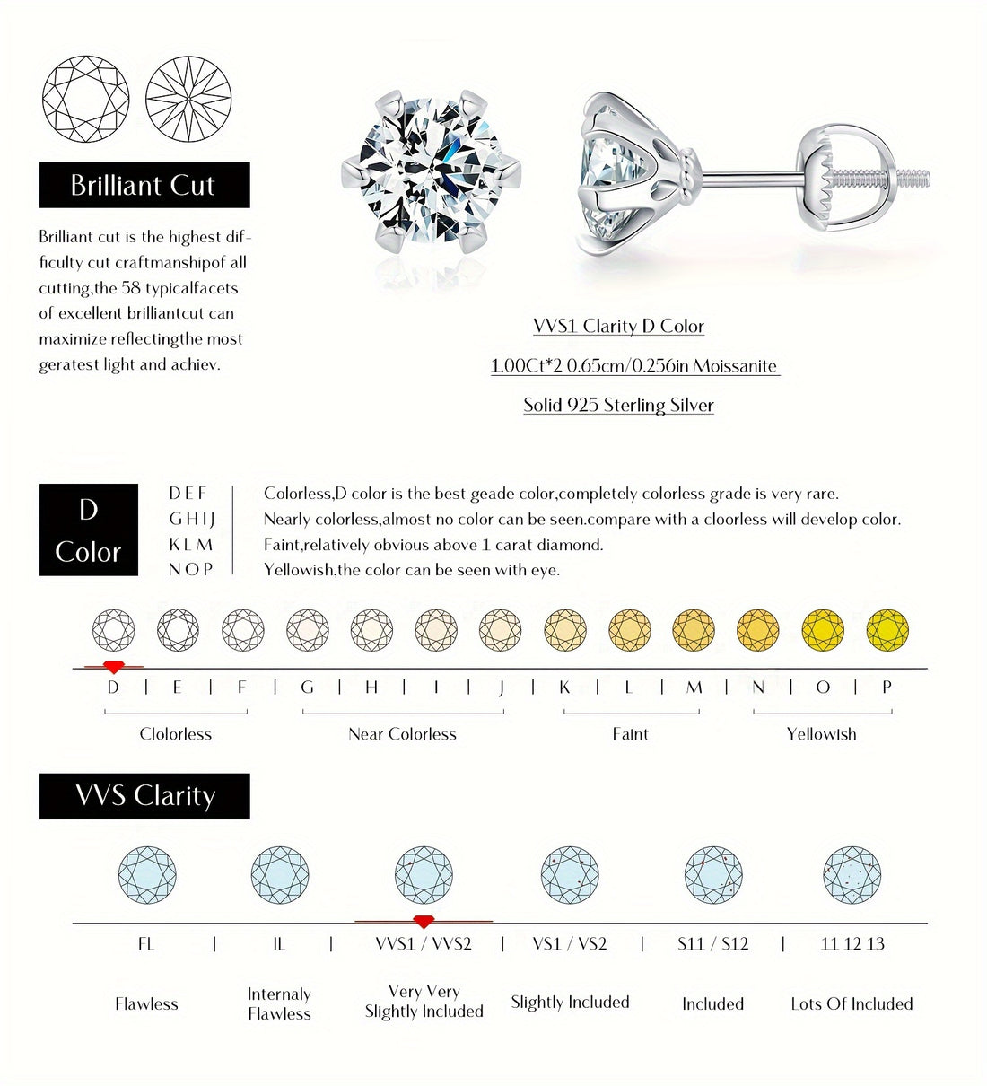 Brincos de pino Moissanite - 1 quilate em prata esterlina 925